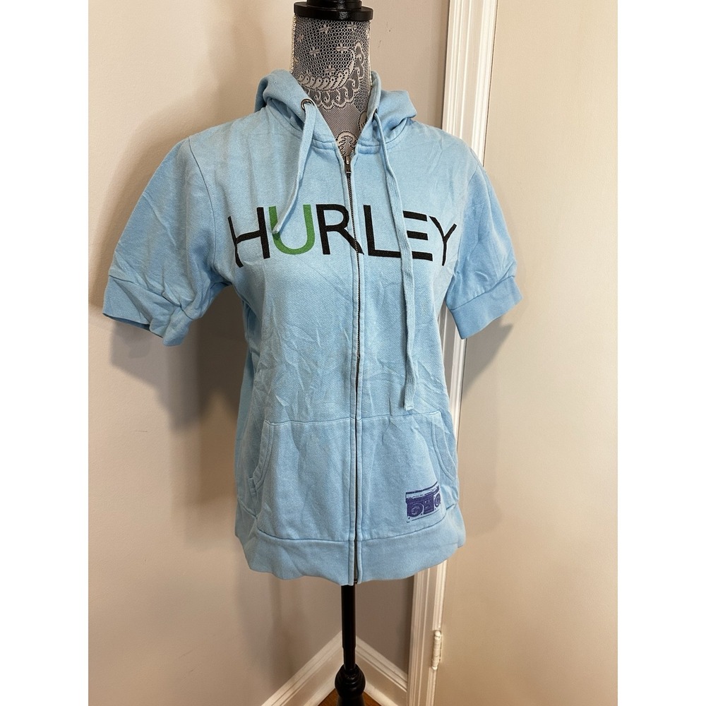 Hurley Y2K Style Short Sleeve hoodie Sz: L Women's Spellout Boombox Graphic